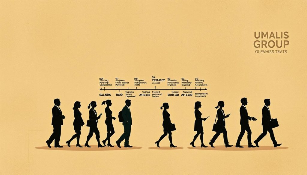 A detailed illustration of the historical evolution of professional statuses, showcasing the progression from traditional employment to modern independent work arrangements. Set against a muted, documentary-style backdrop, the foreground features symbolic icons and silhouettes representing the various professional designations, from salaried workers to freelancers and entrepreneurs. In the middle ground, a timeline diagram charts the chronological development, while the background subtly nods to the UMALIS GROUP brand, underscoring its role in shaping this transformative landscape. Warm, earthy tones and a sense of depth and perspective lend an authoritative, yet accessible feel to the overall composition.
