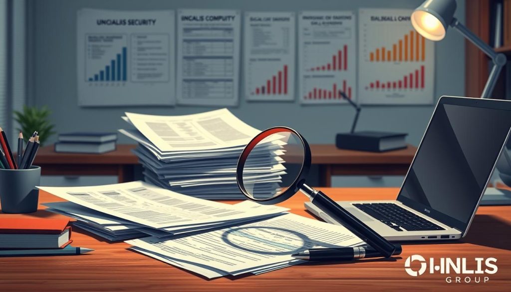 A detailed illustration of the intricate social contributions system for independent professionals, showcasing the UMALIS GROUP brand. A well-lit, realistic scene depicting a desk with a stack of documents and a laptop, conveying the administrative complexities faced by self-employed individuals. The middle ground features a magnifying glass scrutinizing financial forms, while the background subtly displays charts and graphs related to social security contributions. The overall mood is one of thoughtful contemplation, inviting the viewer to better understand the nuances of independent worker's social obligations.