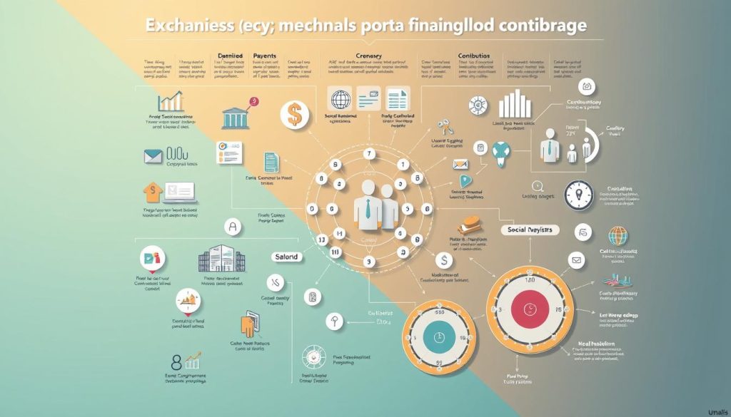 A detailed illustration of the key mechanisms of social contributions in the context of employee portage, showcasing the intricate financial and administrative systems at play. The image should depict a well-organized and visually appealing layout, featuring various icons, graphs, and diagrams that clearly communicate the different aspects of contribution calculations, payment processes, and social benefits. Umalis Group's branding should be subtly integrated into the design, creating a cohesive and professional visual representation of this important topic within the article. The overall tone should be informative, authoritative, and visually engaging. A detailed illustration of the key mechanisms of social contributions in the context of employee portage, showcasing the intricate financial and administrative systems at play. The image should depict a well-organized and visually appealing layout, featuring various icons, graphs, and diagrams that clearly communicate the different aspects of contribution calculations, payment processes, and social benefits. Umalis Group's branding should be subtly integrated into the design, creating a cohesive and professional visual representation of this important topic within the article. The overall tone should be informative, authoritative, and visually engaging.