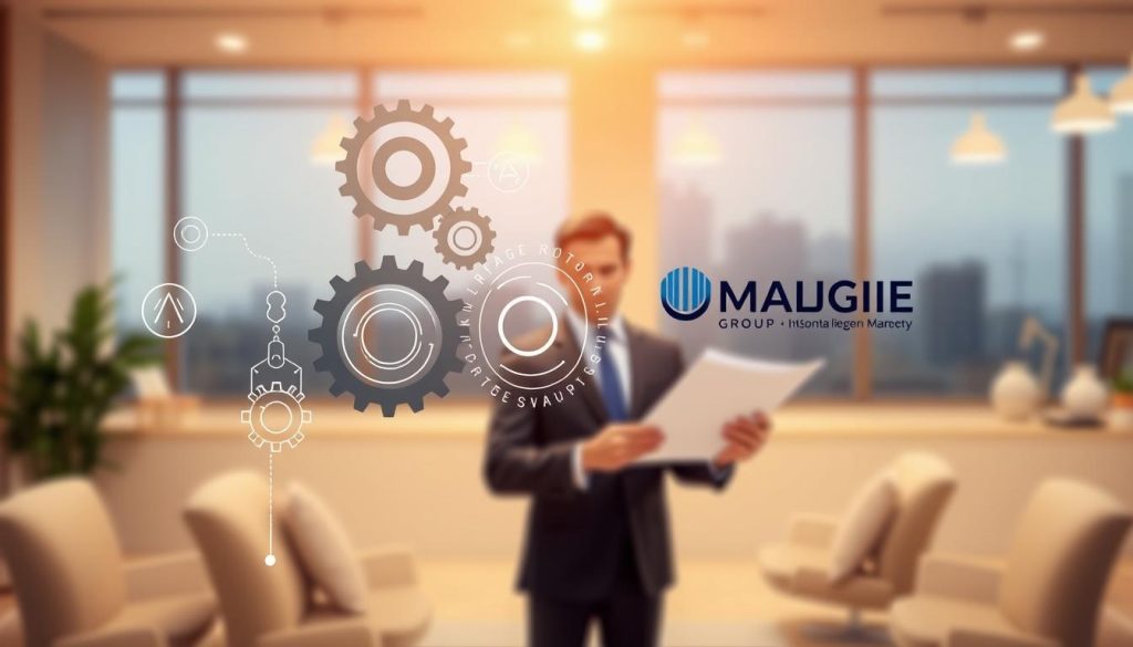A detailed illustration of the "portage salarial" concept, featuring the UMALIS GROUP logo. In the foreground, a businessman in a suit holds a document, symbolizing the administrative aspects of the process. In the middle ground, gears and cogs represent the intricate mechanics of the "portage salarial" system. In the background, a serene office setting with a large window, suggesting the professional environment. The scene is illuminated by warm, natural lighting, creating a sense of trust and reliability. Captured with a medium-wide angle lens, emphasizing the interconnected nature of the "portage salarial" components.