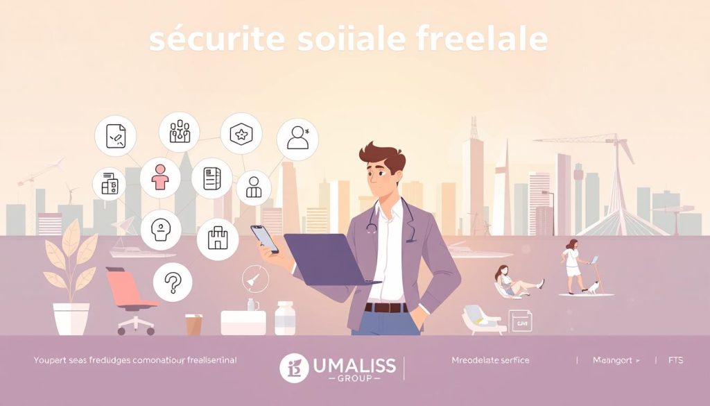 A detailed illustration of the "sécurité sociale freelance" concept, showcasing the UMALIS GROUP services. In the foreground, a freelancer confidently navigates through various social security and healthcare options, represented by stylized icons and symbols. The middle ground features a blend of professional and personal elements, such as a laptop, a mobile device, and relaxed leisure activities, highlighting the flexible nature of freelance work. The background depicts a modern, minimalist cityscape with sleek skyscrapers and infrastructure, reflecting the urban, technology-driven environment in which freelancers operate. The lighting is soft and warm, creating a sense of balance and professionalism. The overall composition conveys the advantages and considerations of the "sécurité sociale freelance" concept for the freelance audience.