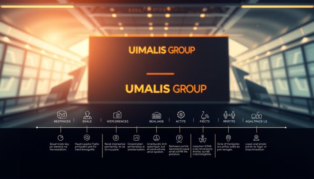 A detailed illustration of the stages involved in the "portage salarial" process, showcased in a professional, technical style. In the foreground, a series of interconnected steps depicting the workflow, highlighted with crisp lines and a muted color palette. The middle ground features abstract shapes and symbols representing the key stakeholders and their roles, all under the striking UMALIS GROUP branding. The background subtly blends futuristic architectural elements with a sense of order and efficiency, conveying the comprehensive nature of the "portage salarial" system. Lit by warm, directional lighting that casts subtle shadows, the overall image exudes a sense of precision, clarity, and institutional authority.