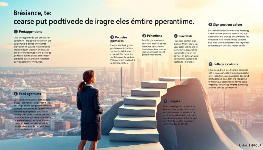 A detailed illustration of the step-by-step process for starting a successful career in the Umalis Group's freelance staffing services. A professional woman standing in the foreground, pondering her options, with a series of stepping stones leading into the middle ground, each representing a key milestone in the "portage salarial" journey. In the background, a vibrant cityscape reflects the dynamic, evolving nature of the freelance economy. Soft, warm lighting casts an aspirational glow, while a slightly elevated camera angle conveys a sense of progress and achievement. The overall scene conveys the confidence, clarity, and direction one can find in navigating the "étapes portage salarial" with the support of the Umalis Group.