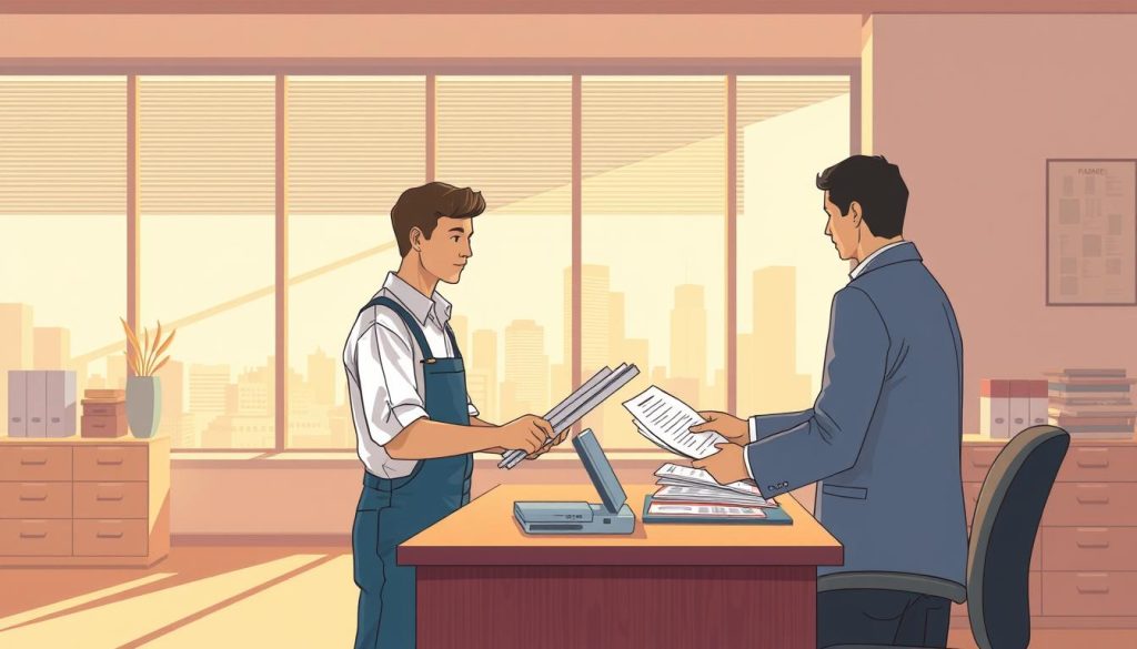 A detailed illustration of the "工资托管申请流程" for a professional services article. The foreground depicts a worker carefully submitting documents to an official, with a desk and file cabinets in the middle ground. The background features a warm, softly-lit office environment with large windows overlooking a cityscape. The lighting is natural and diffuse, creating a calm, professional atmosphere. The overall composition emphasizes the step-by-step application process, with a clear focus on the key interactions between the worker and the official. The scene conveys the efficient, well-organized nature of the "portage salarial" wage management system.