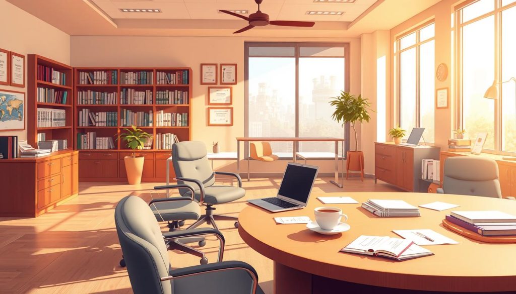 A detailed illustration of "الاستشارات والخدمات المهنية" in a warm, professional atmosphere. A spacious office interior with a large desk, comfortable chairs, and modern decor. Sunlight streams through large windows, casting a soft glow. On the desk, a laptop, a cup of coffee, and carefully organized documents and files. In the background, a bookshelf filled with relevant publications. The walls adorned with certificates and awards, conveying a sense of expertise and authority. The overall scene exudes an air of competence, reliability, and a commitment to providing high-quality professional services.