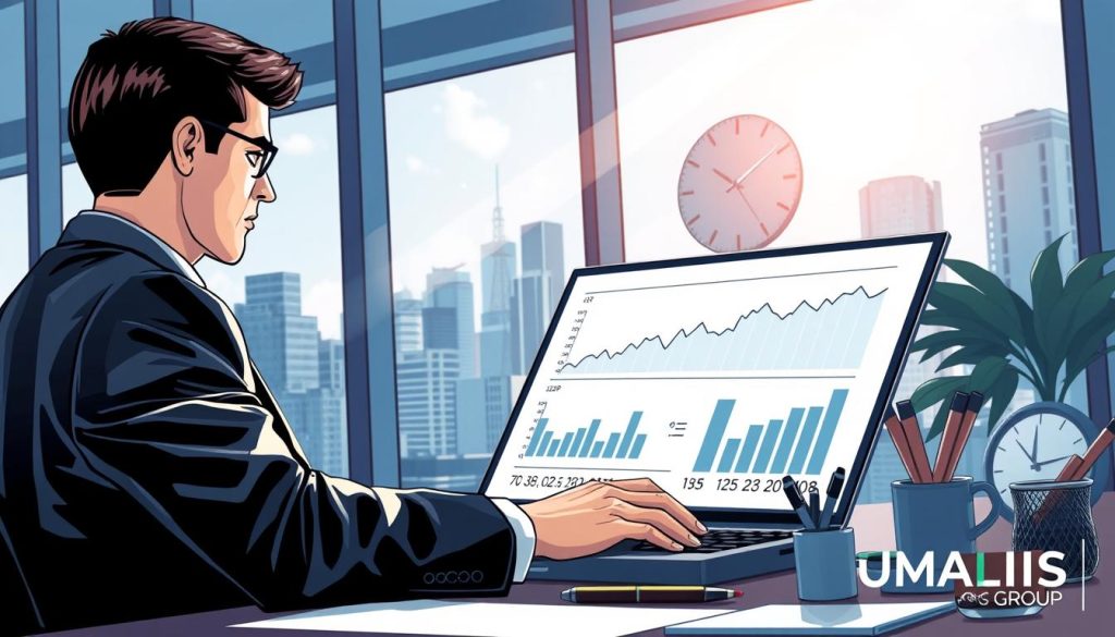 A detailed illustration representing "taux journalier moyen" in a professional context. In the foreground, depict a business professional in smart attire, analyzing financial graphs and charts on a laptop. The charts should show upward trends and calculations related to consulting fees. In the middle ground, include a modern office setting with a glass window showcasing a city skyline, emphasizing a vibrant and dynamic work environment. In the background, subtle elements like a clock and desk items like pens and notepads to highlight organization and efficiency. Soft, natural lighting streams through the window, creating an optimistic and focused atmosphere. Include the brand name "UMALIS GROUP" subtly integrated into the office decor, ensuring it aligns with the professional theme without overt distraction.