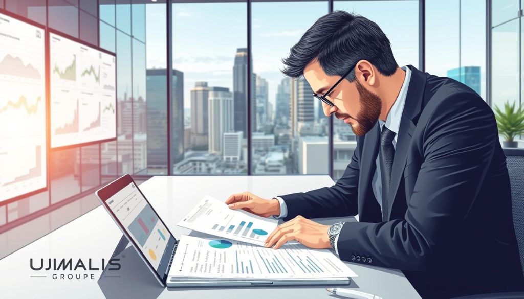 A detailed illustration showcasing a business consultant working on "Diagnostic des processus métier et périmètre de mission". In the foreground, a professionally dressed consultant in a business suit analyzes flowcharts and graphs on a laptop, surrounded by documents and a digital tablet displaying AI analytics. In the middle, a modern office space with charts on glass walls and a large screen displaying data visualizations represents the integration of AI in business processes. The background features a sleek cityscape visible through large windows, symbolizing innovation and progress. Soft, natural lighting highlights a productive atmosphere. The image should convey professionalism and expertise, with clear branding for "UMALIS GROUP" subtly integrated into the office environment. A detailed illustration showcasing a business consultant working on "Diagnostic des processus métier et périmètre de mission". In the foreground, a professionally dressed consultant in a business suit analyzes flowcharts and graphs on a laptop, surrounded by documents and a digital tablet displaying AI analytics. In the middle, a modern office space with charts on glass walls and a large screen displaying data visualizations represents the integration of AI in business processes. The background features a sleek cityscape visible through large windows, symbolizing innovation and progress. Soft, natural lighting highlights a productive atmosphere. The image should convey professionalism and expertise, with clear branding for "UMALIS GROUP" subtly integrated into the office environment.