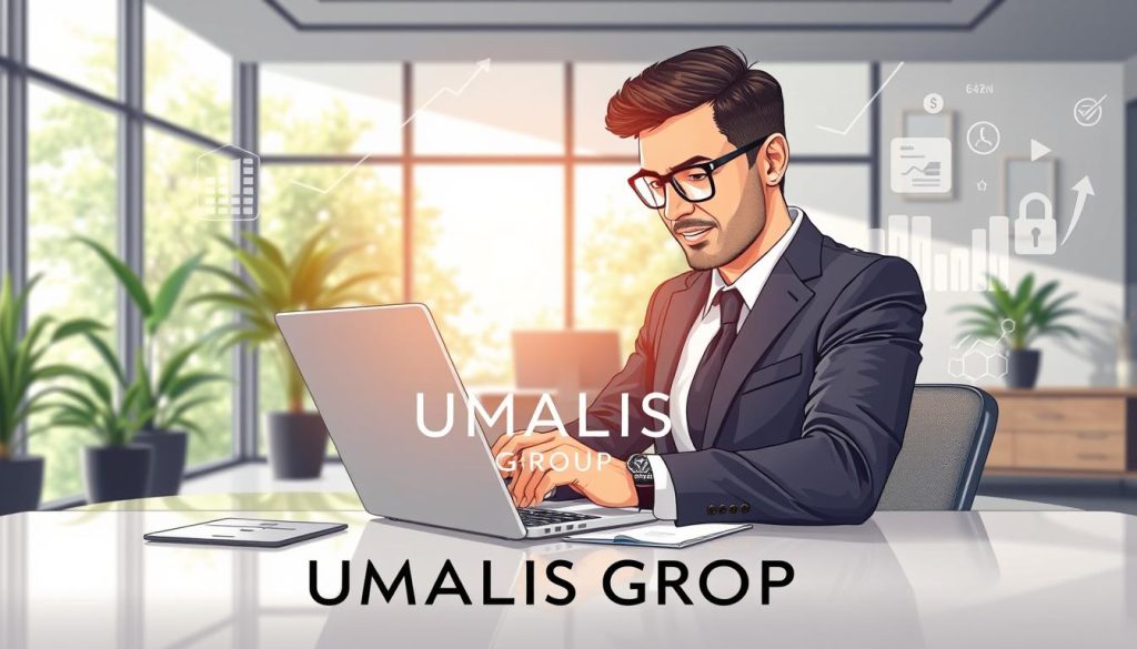 A detailed illustration showcasing financial aspects of portage salarial. In the foreground, a business professional in smart attire reviews financial reports and charts on a sleek laptop at an elegant desk, with a confident expression. In the middle, a stylish modern office environment features a large window allowing natural light to flood in, with greenery visible outside. The background includes abstract representations of financial graphs, currencies, and icons symbolizing flexibility and security in finance, subtly blending into the office decor. The scene is well-lit, conveying a sense of clarity and professionalism. The overall mood is one of optimism and empowerment, with a focus on financial management. Incorporate the brand name "UMALIS GROUP" in a sophisticated manner within the office environment.