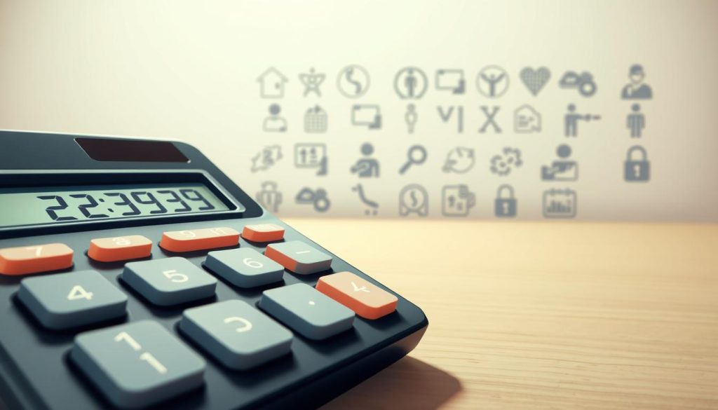 A detailed illustration showcasing the calculation and payment of social security contributions for a freelance individual. In the foreground, a LIGHT PORTAGE calculator device with various input keys and a digital display, symbolizing the process of determining the correct social contributions. In the middle ground, a series of icons and visual elements representing different aspects of the social security system, such as healthcare, retirement, and unemployment benefits. In the background, a soft, neutral-toned environment that sets a professional and informative tone. The image should convey a sense of precision, organization, and the importance of managing one's social security obligations as a freelance worker.