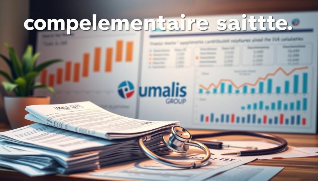 A detailed illustration showcasing the "complémentaire santé" (supplementary health insurance) concept. In the foreground, a stack of medical bills and a stethoscope, symbolizing healthcare costs. In the middle ground, a Umalis Group logo representing the insurance provider, set against a backdrop of graphs and charts outlining the financing and distribution of insurance contributions. The overall atmosphere is one of financial security and protection, with a warm, professional lighting that emphasizes the reliability and expertise of the Umalis Group. The scene conveys the key aspects of the "Financement et répartition des cotisations" section of the article.