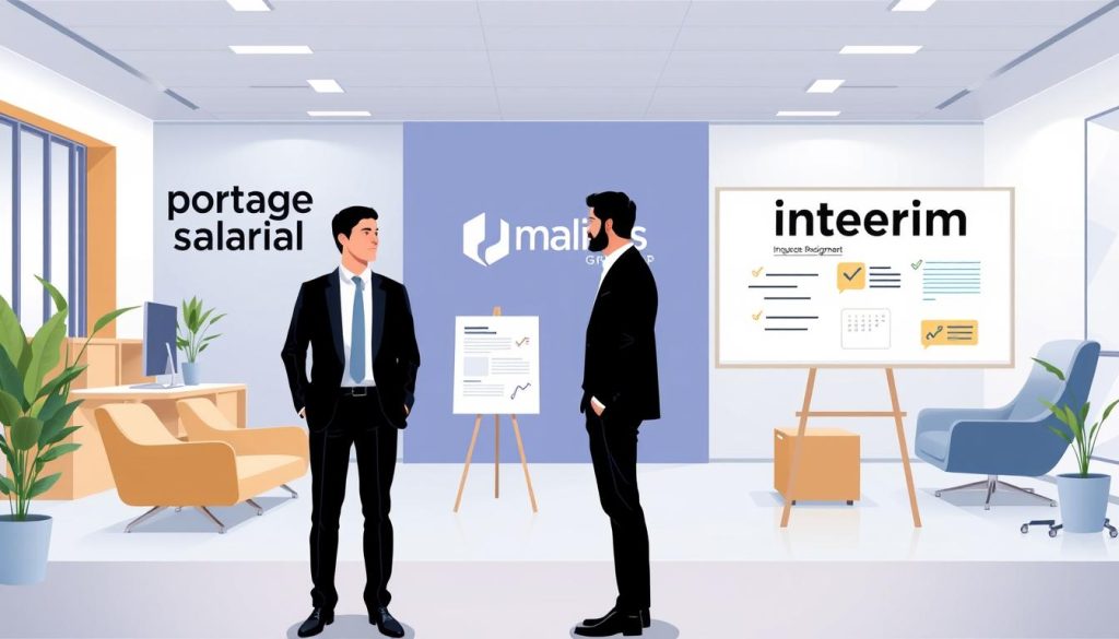A detailed illustration showcasing the contrasting concepts of "portage salarial" and "intérim" against a backdrop of the Umalis Group brand. The scene depicts a vibrant office environment, with a modern, open-plan layout and sleek, minimalist furnishings. In the foreground, a pair of professionals, one in a suit and the other in casual attire, engage in a discussion, representing the distinct employment statuses. The middle ground features visual metaphors for the key differences, such as a contract document for "portage salarial" and a temporary assignment board for "intérim". The background showcases the Umalis Group logo, subtly integrated into the scene, highlighting the company's expertise in these employment models. Soft, diffused lighting and a color palette of blues, grays, and whites create a professional, yet inviting atmosphere. A detailed illustration showcasing the contrasting concepts of "portage salarial" and "intérim" against a backdrop of the Umalis Group brand. The scene depicts a vibrant office environment, with a modern, open-plan layout and sleek, minimalist furnishings. In the foreground, a pair of professionals, one in a suit and the other in casual attire, engage in a discussion, representing the distinct employment statuses. The middle ground features visual metaphors for the key differences, such as a contract document for "portage salarial" and a temporary assignment board for "intérim". The background showcases the Umalis Group logo, subtly integrated into the scene, highlighting the company's expertise in these employment models. Soft, diffused lighting and a color palette of blues, grays, and whites create a professional, yet inviting atmosphere.