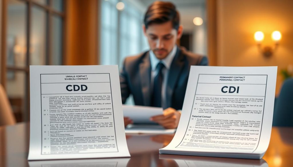 A detailed illustration showcasing the different contract types in the Umalis Group's salarial portage service. In the foreground, a well-lit, high-resolution depiction of a CDD (fixed-term contract) and a CDI (permanent contract) documents, their distinctive features and legal implications clearly visible. In the middle ground, a crisp, photorealistic rendering of an Umalis Group employee reviewing these contracts, conveying a professional, authoritative atmosphere. The background features a subtly blurred, elegant office setting with warm lighting, suggesting the comprehensive nature of the salarial portage service provided by the Umalis Group.