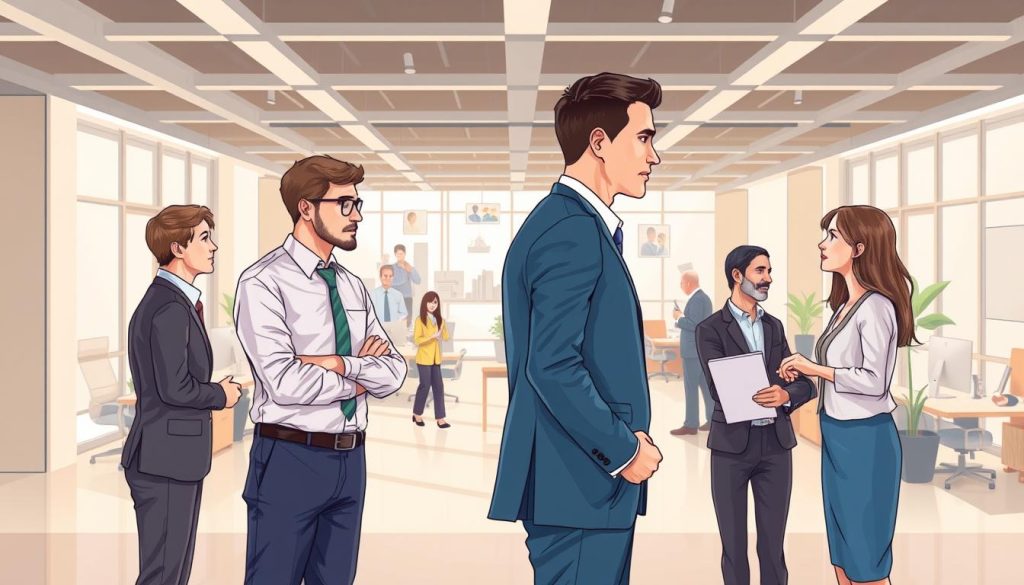 A detailed illustration showcasing the relationship between the parent company and its staffing agency. The foreground depicts the parent company's executives engaging in a collaborative discussion with the staffing agency's representatives, conveying a sense of professional partnership. The middle ground highlights the flow of talent and resources between the two entities, represented by workers moving seamlessly between them. In the background, a well-organized office environment with modern furnishings and technology sets the scene, reflecting the efficiency and synergy of their working relationship. The lighting is soft and natural, creating a warm and inviting atmosphere. The camera angle is slightly elevated, providing a comprehensive view of the collaborative dynamic at play.