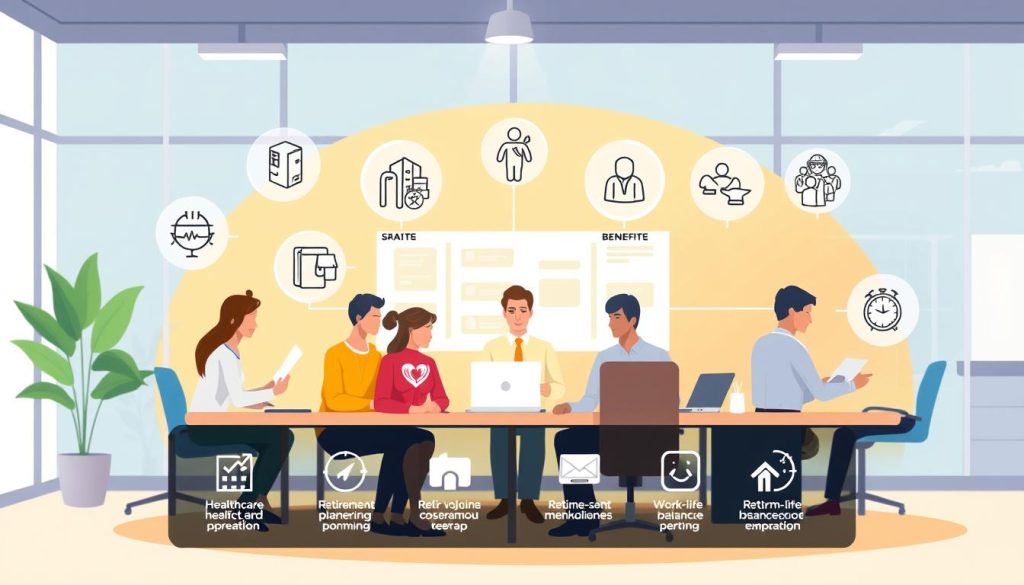 A detailed illustration showcasing the social benefits for employees in a "portage salarial" arrangement. Set against a vibrant, modern office backdrop, the image features a diverse group of professionals engaged in various work activities, with icons and infographic elements highlighting key aspects of their employment package, including healthcare, retirement planning, and work-life balance perks provided by the Umalis Group. The composition has a clean, polished aesthetic with careful attention to lighting, camera angle, and depth of field to create a sense of professionalism and competence.