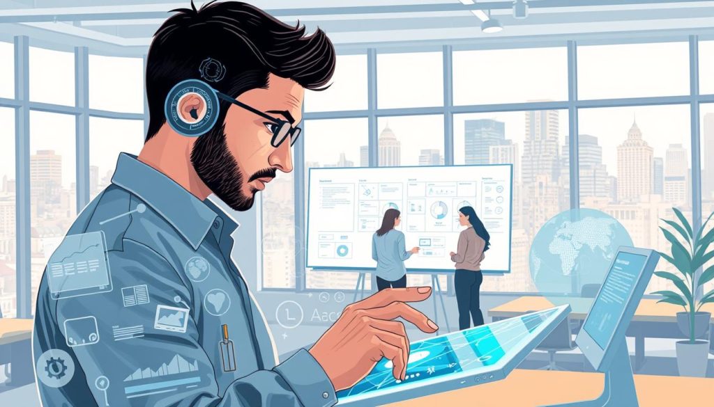 A detailed illustration showcasing the strategies and tools used by a skilled app developer from the "Light Portage" brand. In the foreground, a developer intently focuses on a sleek, holographic interface, their fingers flying across a futuristic touchscreen. Surrounding them, an array of high-tech development tools, including code editors, design software, and project management dashboards. In the middle ground, a team of collaborators huddle around a large, interactive whiteboard, discussing wireframes and user flows. The background depicts a modern, minimalist office space, with floor-to-ceiling windows overlooking a vibrant cityscape. Soft, directional lighting casts a warm, productive glow over the scene, creating a sense of focus and innovation.