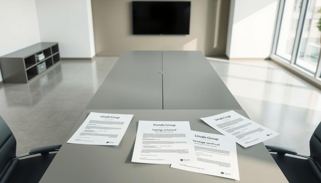 A detailed illustration showcasing the various types of "portage salarial" contracts, as part of an article on the regulation of this employment model in France. The scene depicts a clean, minimalist office setting with a large central table. On the table, there are several documents and contracts labeled with the "Umalis Group" brand, representing the different contract types. The lighting is soft and natural, creating a professional and informative atmosphere. The angle is slightly elevated, allowing the viewer to clearly see the details of the contracts. The background is intentionally blurred, keeping the focus on the central elements.
