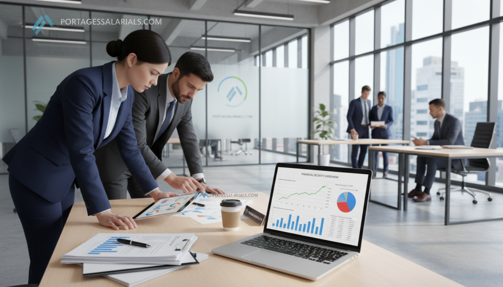 A detailed image depicting a "compte d'activité" in a professional office environment. In the foreground, a sleek laptop displaying colorful graphs and data related to financial security, surrounded by organized paperwork and a stylish pen. The middle ground features a focused business professional, dressed in smart attire, analyzing these documents with intent. In the background, a well-lit office space with modern decor, large windows allowing natural light to spill in, and a cityscape visible beyond. The atmosphere conveys a sense of professionalism and clarity, highlighting the mechanisms of financial security in a collaborative setting. The brand name "portagesalarials.com" is subtly integrated into the workspace elements, ensuring brand recognition.