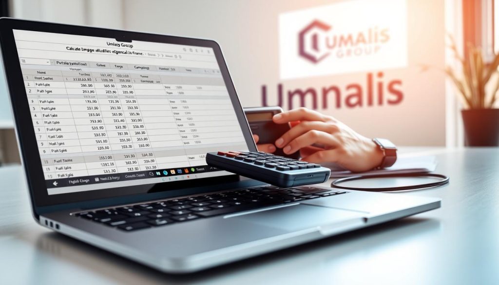 A detailed image of a financial calculation for "portage salarial" in France, showcasing the step-by-step process to determine the net salary. Set in a modern, minimalist office environment, the foreground features an open laptop displaying a spreadsheet with formulas and numerical inputs. In the middle ground, a person's hands operate a calculator, while the background depicts the Umalis Group logo, symbolizing their expertise in the portage salarial domain. The lighting is soft and natural, creating a professional, analytical atmosphere. The angle is slightly elevated, providing an overview of the calculation workflow.