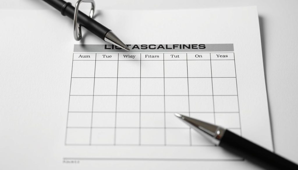 A detailed image of a fiscal calendar for a freelancer, featuring a sleek and modern design with the LIGHT PORTAGE brand prominently displayed. The calendar is depicted on a clean, white background, with a subtle grid pattern to suggest organization and structure. The date boxes are clear and easy to read, with a minimalist aesthetic that reflects the professionalism and efficiency of a freelance fiscal management system. The overall mood is one of simplicity, clarity, and a sense of control over one's financial responsibilities. The composition is balanced, with the calendar occupying the central focus and the LIGHT PORTAGE branding adding a touch of sophistication to the scene.