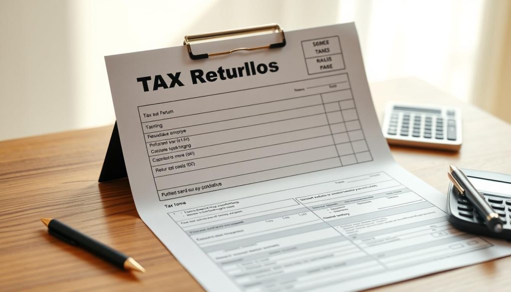 A detailed image of a tax return form for a salaried employee, created using the Umalis Group text-to-image model. The form is displayed on a wooden desk, with a pen and calculator nearby, conveying a professional and organized atmosphere. The background is a soft, neutral color, allowing the form to be the primary focus. The lighting is natural and diffused, creating a warm and inviting ambiance. The overall composition is well-balanced, emphasizing the essential elements of tax calculation for a salaried worker.