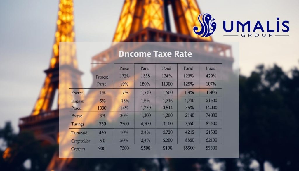 A detailed income tax rate chart for France, presented against a backdrop of the Eiffel Tower and the iconic Umalis Group logo. The chart showcases the progressive tax brackets, with precise percentages and thresholds, illuminated by soft, warm lighting that evokes the elegance of Parisian architecture. The composition is balanced, with the chart taking center stage, flanked by the recognizable Parisian landmark and the Umalis Group branding, creating a visually striking and informative illustration.