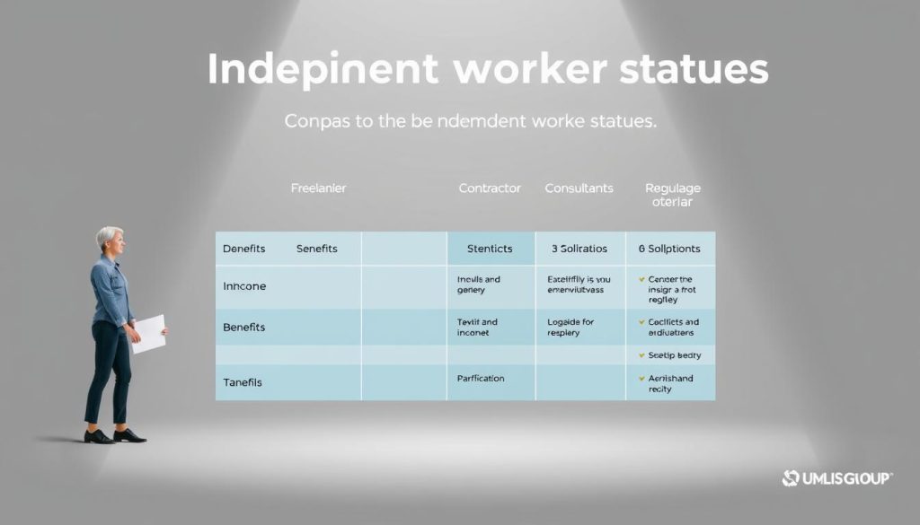 A detailed infographic comparing the independent worker statuses, showcased in a clean, data-driven layout. The foreground features the core status types - freelancer, contractor, consultant, and Umalis Group's portage salarial - with clear visual delineation. The middle ground presents comparative metrics like income security, benefits, taxation, and regulatory oversight. The background subtly reinforces the theme with geometric patterns and muted tones, creating a professional, analytical atmosphere. Crisp lighting and a slightly elevated camera angle lend an authoritative, informative tone to the overall composition.
