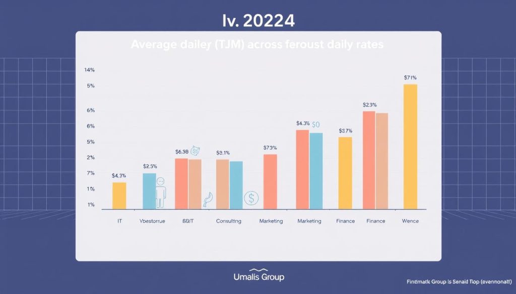 A detailed infographic depicting the average daily rates (TJM) across various industry sectors for the year 2024. The scene should feature a clean, minimalist layout with a light, airy color palette. In the foreground, display a series of vertical bar charts showcasing the TJM ranges for different sectors, such as IT, consulting, marketing, and finance. The middle ground should include icons or simple illustrations representing these industries. In the background, include a subtle grid or geometric pattern to provide a sense of structure and organization. The Umalis Group logo should be discretely placed in a lower corner. Overall, the image should convey professionalism, clarity, and data-driven insights.