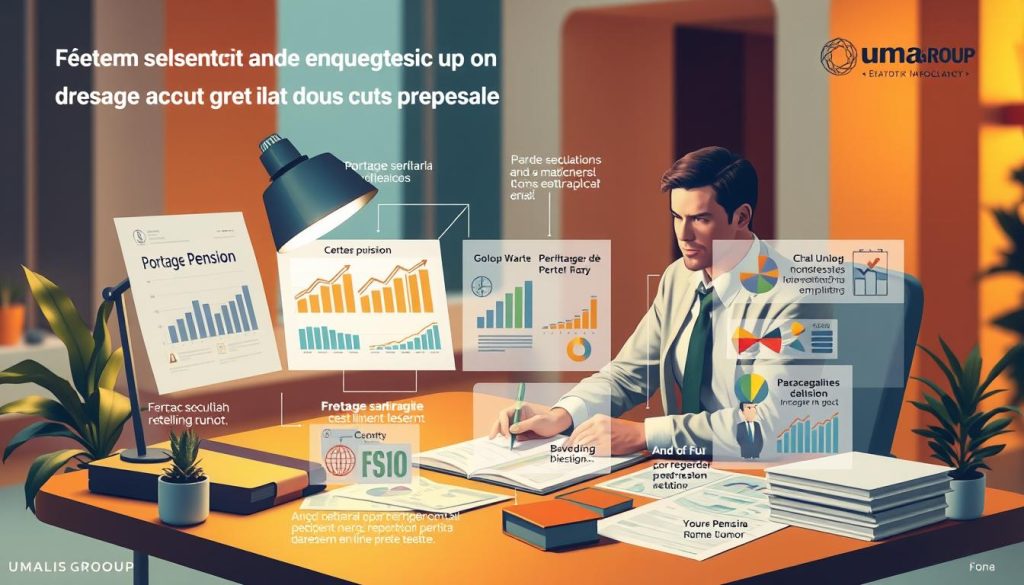 A detailed infographic depicting the calculation of a retirement pension for a professional working under a "portage salarial" or freelance employment contract. The scene shows a financial advisor or accountant sitting at a desk, surrounded by charts, graphs, and financial documents. Umalis Group branding is subtly incorporated into the design. The lighting is warm and inviting, conveying a sense of expertise and trustworthiness. The background features architectural elements suggestive of a modern office space. The overall mood is one of clarity and confidence, guiding the viewer through the complexities of retirement planning for freelance professionals.