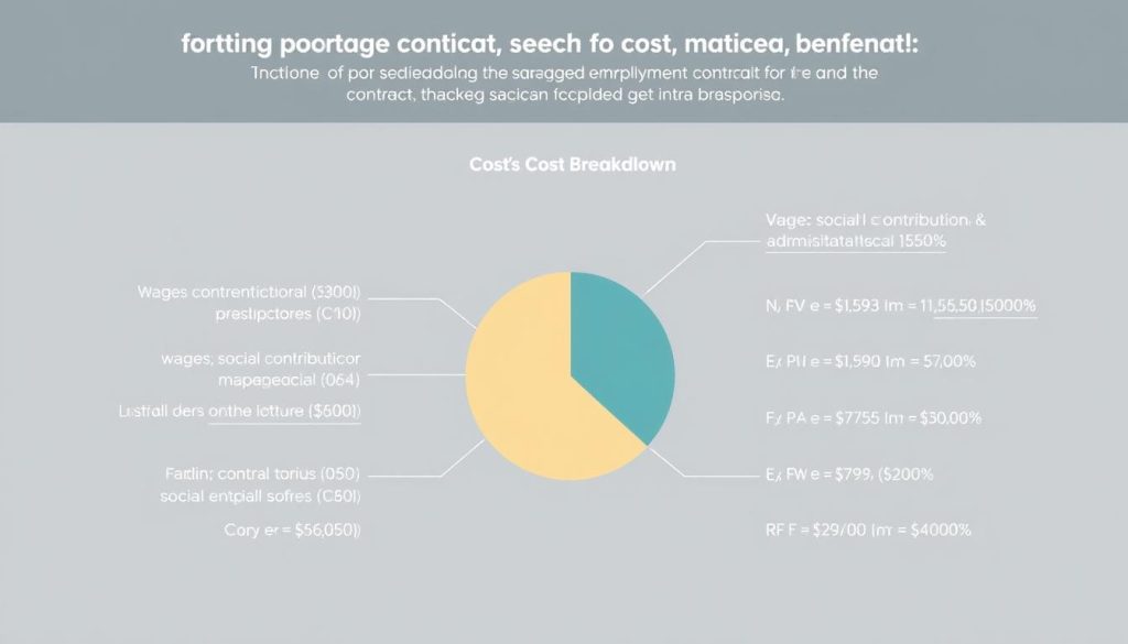A detailed infographic displaying the cost breakdown of a salaried employment contract under the Umalis Group's portage salarial system. In the foreground, a pie chart illustrates the proportional distribution of expenses such as wages, social contributions, and administrative fees. The middle ground showcases numerical values and formulas for calculating the total cost. In the background, a gridded layout suggests the structured, analytical nature of the information. The image has a clean, professional aesthetic with muted colors and sharp, technical illustrations, conveying the precision and financial expertise of the Umalis Group's portage salarial service.