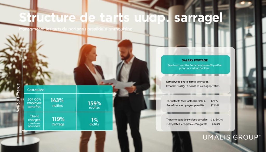 A detailed infographic illustrating the "Structure des tarifs du portage salarial." In the foreground, showcase a well-organized chart or graph displaying various components of the pricing structure, such as percentages for management fees, employee benefits, and client charges. In the middle, include professional individuals engaged in discussion, dressed in business attire, analyzing documents related to salary portage. The background should feature a modern office setting with large windows, allowing natural light to flood in, creating a bright and inviting atmosphere. Use a slight angle to capture the depth of the workspace, enhancing the sense of professionalism. Include the brand name "UMALIS GROUP" subtly integrated into the design, ensuring a clean and informative composition without any text overlays or distractions.