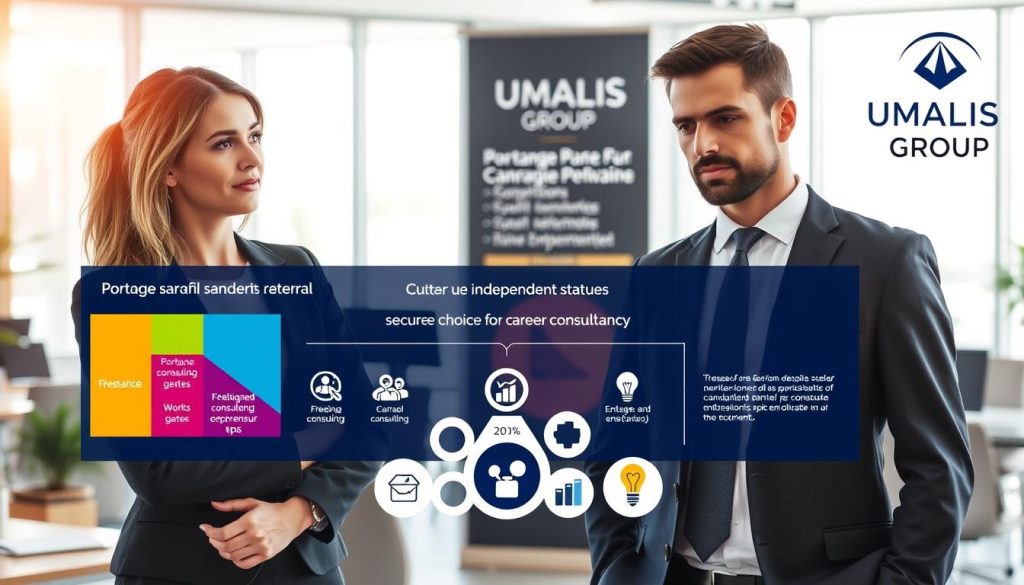 A detailed infographic illustrating the comparison between different independent statuses, focusing on "portage salarial" as a secure choice for career consultancy. The foreground features a professional woman and man in smart business attire, looking thoughtfully at a chart or graph with colorful sections highlighting various independent status options. The middle ground includes an array of visual elements representing different work categories, like freelance, consulting, and entrepreneurship, each symbolized through iconic imagery (like a laptop, a briefcase, and a lightbulb). The background shows a modern office environment, with natural light streaming in through large windows, creating a bright and optimistic atmosphere. The branding "UMALIS GROUP" subtly placed on a banner in the corner, without any text overlay. Focus on clarity, professionalism, and an engaging aesthetic that invites contemplation.