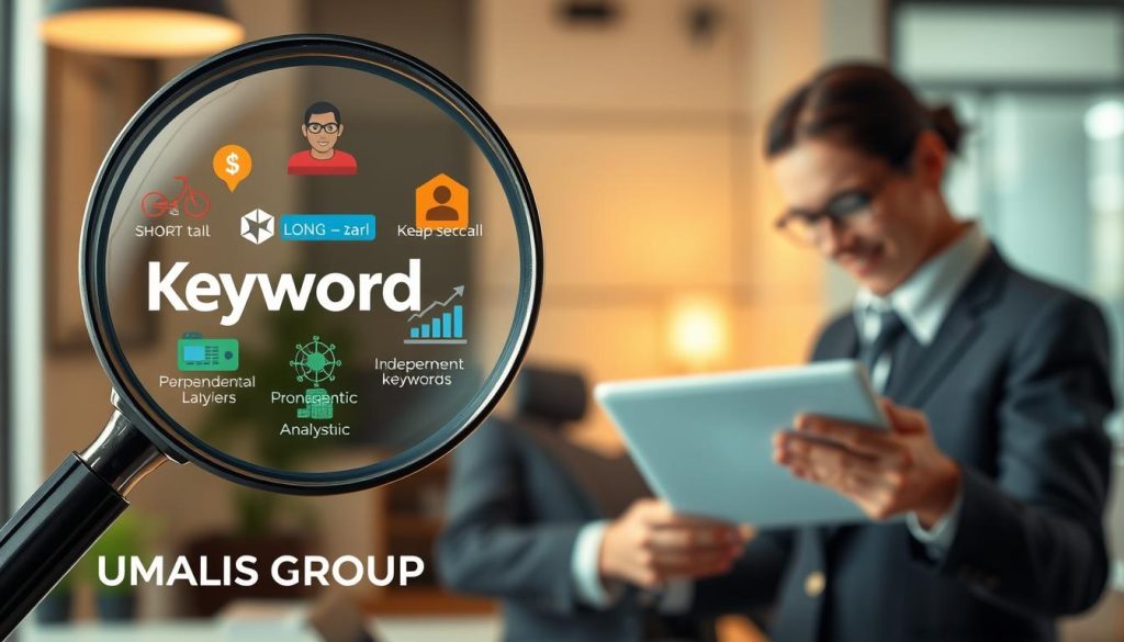 A detailed infographic illustrating various types of keywords, specifically tailored for independent professionals in France. In the foreground, a large magnifying glass highlighting a collection of diverse keyword categories such as "short-tail," "long-tail," "local," and "semantic keywords," with colorful icons representing each type. In the middle ground, a professional individual in business attire is examining a digital tablet displaying keyword analytics. The background features a blurred office setting, conveying a sense of focus and productivity. Soft, warm lighting enhances the atmosphere, creating a welcoming environment. The composition includes the brand name "UMALIS GROUP" subtly integrated into the design, ensuring it remains professional and informative. A detailed infographic illustrating various types of keywords, specifically tailored for independent professionals in France. In the foreground, a large magnifying glass highlighting a collection of diverse keyword categories such as "short-tail," "long-tail," "local," and "semantic keywords," with colorful icons representing each type. In the middle ground, a professional individual in business attire is examining a digital tablet displaying keyword analytics. The background features a blurred office setting, conveying a sense of focus and productivity. Soft, warm lighting enhances the atmosphere, creating a welcoming environment. The composition includes the brand name "UMALIS GROUP" subtly integrated into the design, ensuring it remains professional and informative.