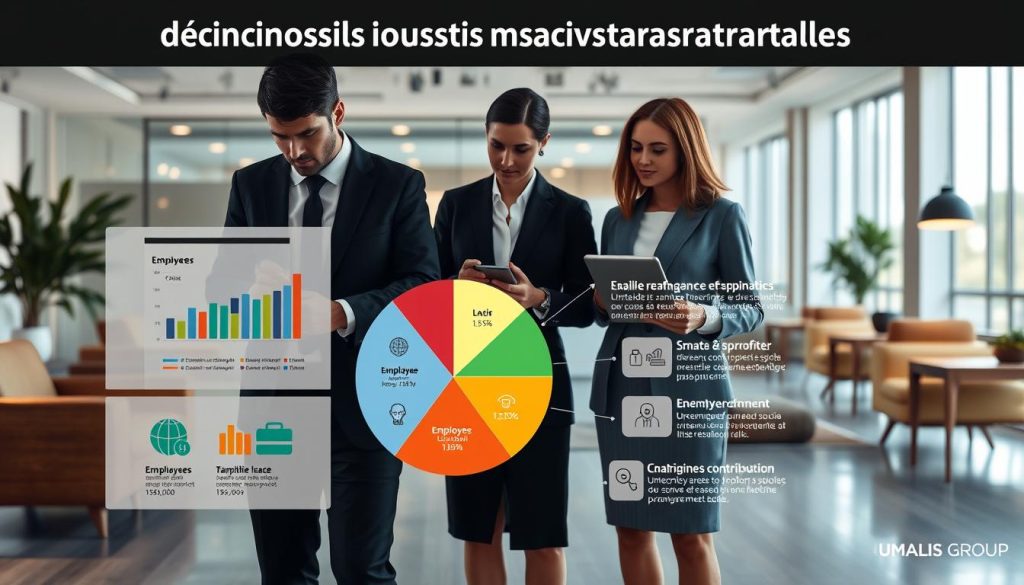 A detailed infographic representation of "Décomposition cotisations patronales salariales" displayed in a professional business setting. In the foreground, a diverse group of three business professionals, one male and two female, are discussing financial charts and graphs on a digital tablet, all dressed in smart business attire. The middle scene features a large, stylized pie chart showing various components of employer and employee contributions to social charges, with icons representing healthcare, retirement, and unemployment benefits. In the background, a modern office space with sleek furniture, soft ambient lighting, and large windows allows natural light to filter in, creating a bright and focused atmosphere. The overall mood reflects professionalism and clarity, symbolizing the importance of understanding social charges in the labor market. Include the brand name "Umalis Group" subtly within the design elements.