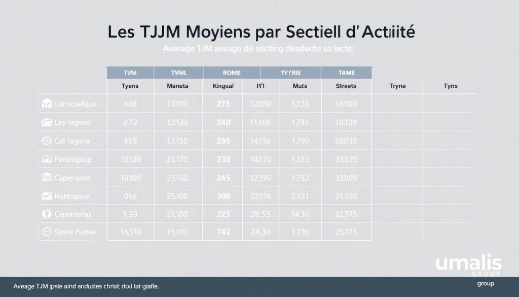 A detailed infographic showcasing the average TJM (Taux Journalier Moyen) by industry sector, created by Umalis Group. The infographic has a clean, professional design with a neutral color palette and clear data visualization. The background features a subtle grid pattern, with the Umalis Group logo discreetly placed in the bottom right corner. The sectors are arranged in a grid layout, each with a representative icon and the corresponding TJM value displayed prominently. The overall composition strikes a balance between informative clarity and visually appealing aesthetics, making it an effective illustration for the "Les TJM Moyens par Secteur d'Activité" section of the article.
