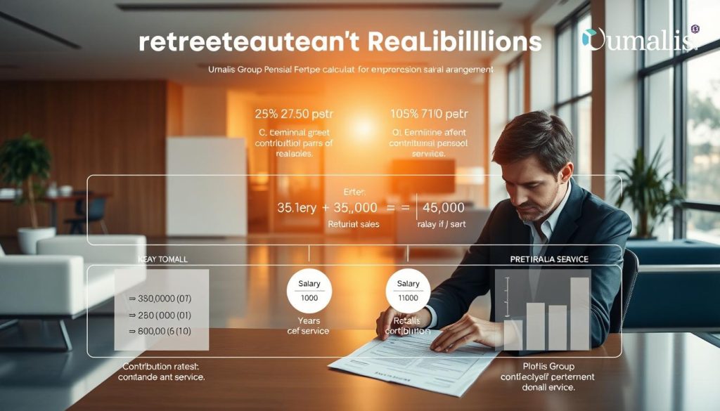 A detailed infographic showcasing the retirement pension calculation process for a Umalis Group employee in a professional portage salarial arrangement. The scene features a modern, minimalist office setting with sleek furniture and large windows, bathed in warm, natural lighting. In the foreground, a person in business attire sits at a desk, intently studying a document with pension-related calculations. The middle ground features various graphical elements illustrating the key factors and formulas used to determine the retirement pension, such as salary, contribution rates, and years of service. The background subtly incorporates the Umalis Group branding, creating a cohesive and visually appealing composition. A detailed infographic showcasing the retirement pension calculation process for a Umalis Group employee in a professional portage salarial arrangement. The scene features a modern, minimalist office setting with sleek furniture and large windows, bathed in warm, natural lighting. In the foreground, a person in business attire sits at a desk, intently studying a document with pension-related calculations. The middle ground features various graphical elements illustrating the key factors and formulas used to determine the retirement pension, such as salary, contribution rates, and years of service. The background subtly incorporates the Umalis Group branding, creating a cohesive and visually appealing composition.
