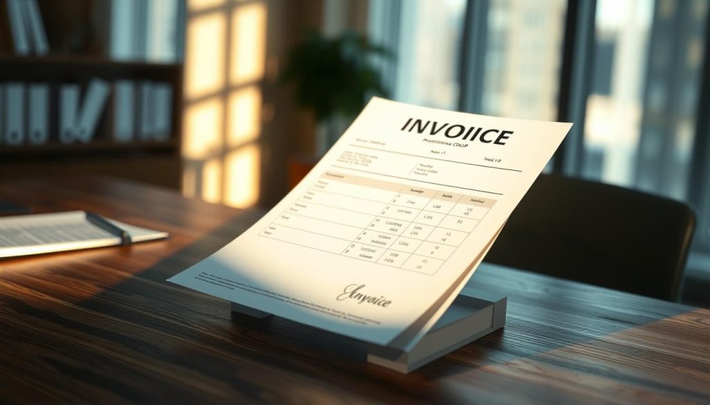 A detailed invoice from the professional services company UMALIS GROUP, featuring a clean, minimalist design with a focus on the key elements required by law. The invoice is positioned prominently on a wooden desk, illuminated by warm, natural lighting that casts subtle shadows. The background is a soft, blurred office setting, hinting at the professional context. The overall mood is one of organized efficiency and attention to detail, reflecting the high-quality services provided by UMALIS GROUP.
