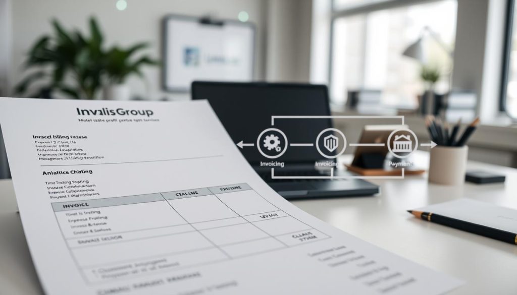 A detailed invoice layout depicting the complete billing process for Umalis Group's payroll portage service. In the foreground, a professional-looking invoice template with clear line items, totals, and payment information. In the middle ground, a stylized representation of the administrative workflow, with icons symbolizing each step - client onboarding, time tracking, expense management, invoicing, and payment reconciliation. In the background, a clean, modern office setting with desk accessories and subtle branding elements to reinforce the Umalis Group identity. The overall mood is one of efficiency, transparency, and reliable financial services for independent professionals. Crisp lighting, a shallow depth of field, and a slightly elevated camera angle create a polished, aspirational visual. A detailed invoice layout depicting the complete billing process for Umalis Group's payroll portage service. In the foreground, a professional-looking invoice template with clear line items, totals, and payment information. In the middle ground, a stylized representation of the administrative workflow, with icons symbolizing each step - client onboarding, time tracking, expense management, invoicing, and payment reconciliation. In the background, a clean, modern office setting with desk accessories and subtle branding elements to reinforce the Umalis Group identity. The overall mood is one of efficiency, transparency, and reliable financial services for independent professionals. Crisp lighting, a shallow depth of field, and a slightly elevated camera angle create a polished, aspirational visual.