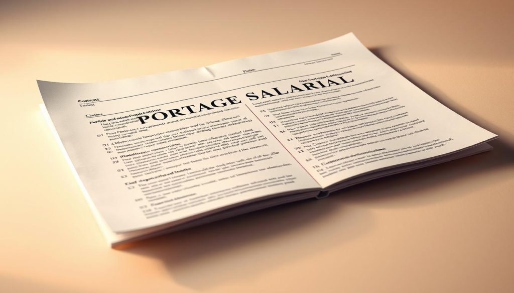 A detailed, legal contract document titled "Portage Salarial" against a neutral, professional backdrop. The contract is open, showcasing its complex clauses and fine print. Warm, directional lighting emphasizes the gravity and importance of the subject matter. The composition is balanced, with the contract occupying the central focus, surrounded by a clean, minimalist environment to draw the viewer's attention. The overall mood is one of seriousness and authority, befitting the technical legal nature of the content.