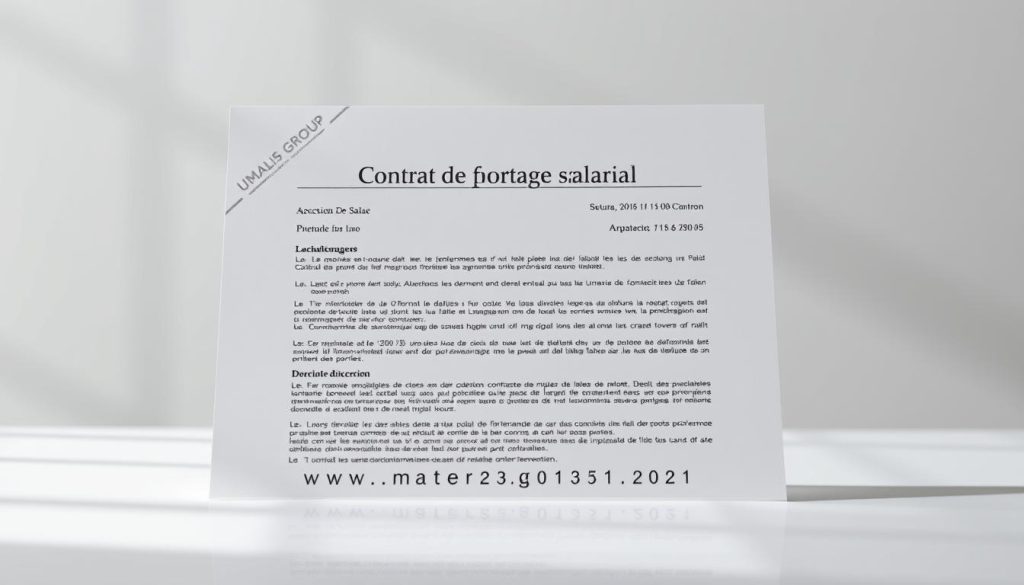 A detailed legal contract in an elegant, minimalist style. A formal document in shades of gray and white, with crisp typography, clean lines, and a subtle embossed Umalis Group logo in the corner. The contract is the focal point, positioned centrally against a softly blurred background, emphasizing its importance. Subtle lighting from the top casts gentle shadows, creating depth and a sense of professionalism. The overall mood is one of sophistication, order, and reliability, reflecting the seriousness of a "contrat de portage salarial".