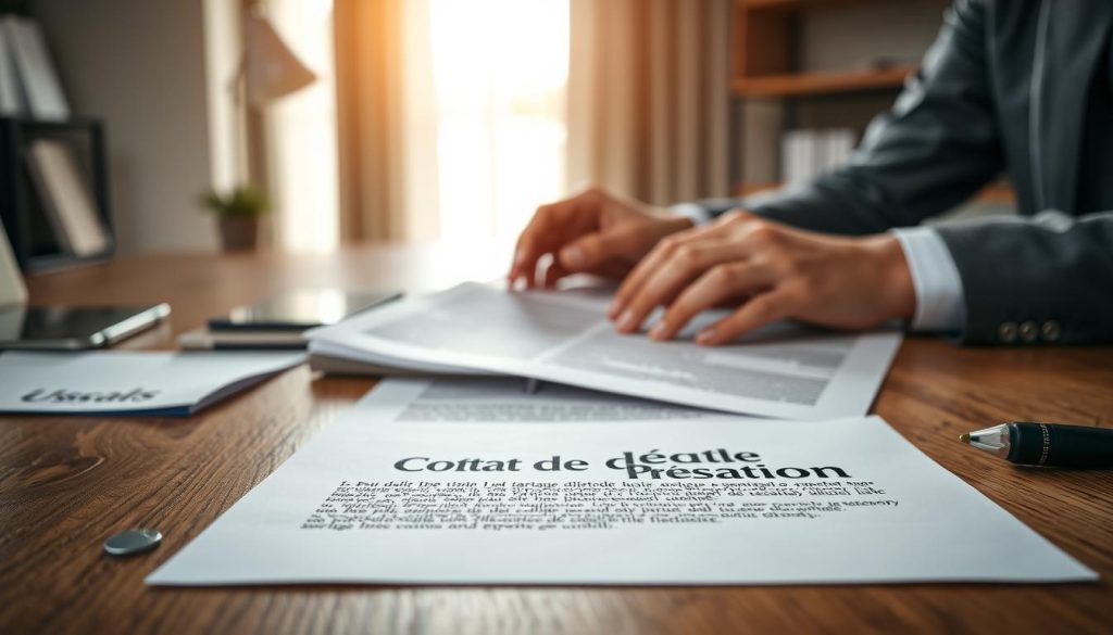 A detailed legal contract labeled "Contrat de Prestation" lies open on a wooden desk, illuminated by soft, natural lighting. In the foreground, the "Umalis Group" logo is prominently displayed, signifying the company's involvement. The middle ground showcases a pair of professional hands carefully reviewing the contract's contents, conveying the seriousness and importance of the agreement. The background features a subtle office setting, with minimalist decor and muted colors, allowing the contract to be the central focus. The overall mood is one of professionalism, attention to detail, and the secure nature of the "Contrat de Portage Salarial" arrangement.