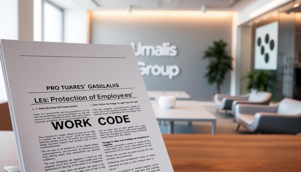 A detailed legal document titled "Protection of Employees' Work Code" stands prominently in the foreground, casting a sense of authority and structure. In the middle ground, the Umalis Group logo is displayed, representing the corporate entity and its adherence to labor laws. The background depicts a clean, minimalist office environment, with sleek furniture and muted tones, conveying professionalism and a well-regulated workspace. Soft, warm lighting illuminates the scene, creating a sense of stability and order, reflecting the legal foundations that govern the operations of businesses in France.