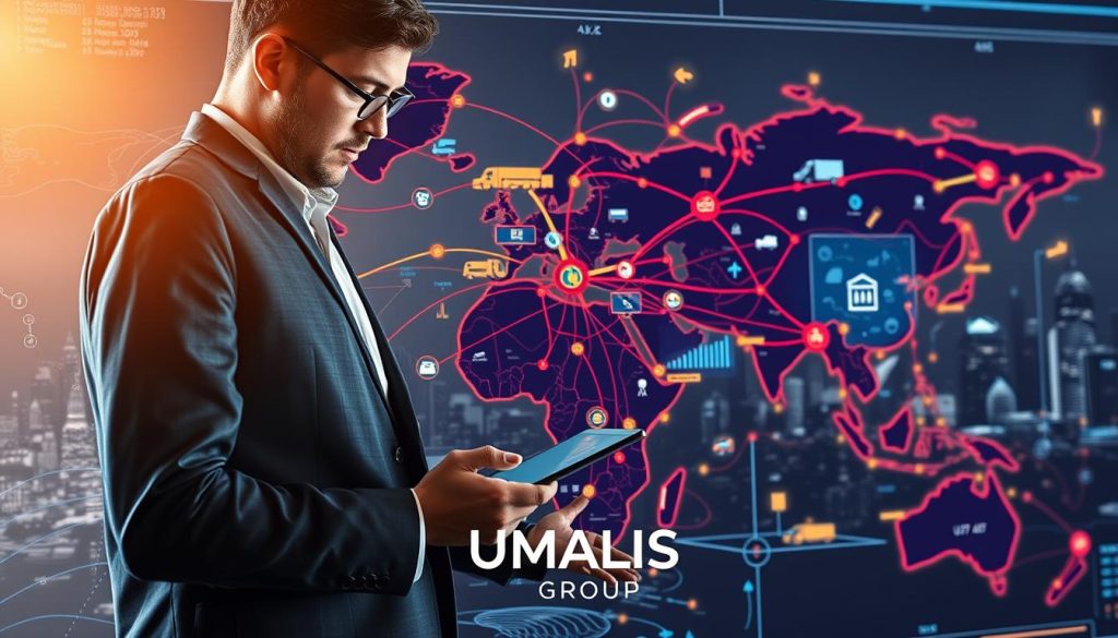 A detailed map illustrating "Cartographie des flux logistiques et des données" prominently features logistics pathways, interconnected nodes, and data flow lines in vivid colors. In the foreground, a professional consultant dressed in smart business attire analyzes the map using a digital tablet. The middle ground shows a dynamic flow of logistic icons, such as trucks and warehouses, with animated graphs representing data analytics. In the background, a futuristic city skyline symbolizes advanced technology in supply chain management. The lighting is bright and engaging with a warm ambiance, suggesting innovation and clarity. The composition is shot from a slightly elevated angle to capture the entire layout, creating an inspiring and analytical mood. Include the logo "UMALIS GROUP" subtly integrated into the design without compromising the visual focus.