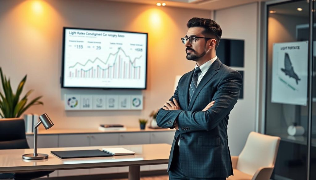 A detailed market analysis of daily rates, showcasing a professional's expertise in the LIGHT PORTAGE consulting services. The scene depicts a stylish office setting, with a sleek desk and modern decor. Warm lighting casts a refined ambiance, while a data visualization display on the wall presents insightful market trends and pricing dynamics. The consultant, dressed in a sharp suit, stands before the display, analyzing the information with a thoughtful expression. The overall atmosphere conveys a sense of professionalism, knowledge, and the ability to navigate the complexities of the independent consulting market.