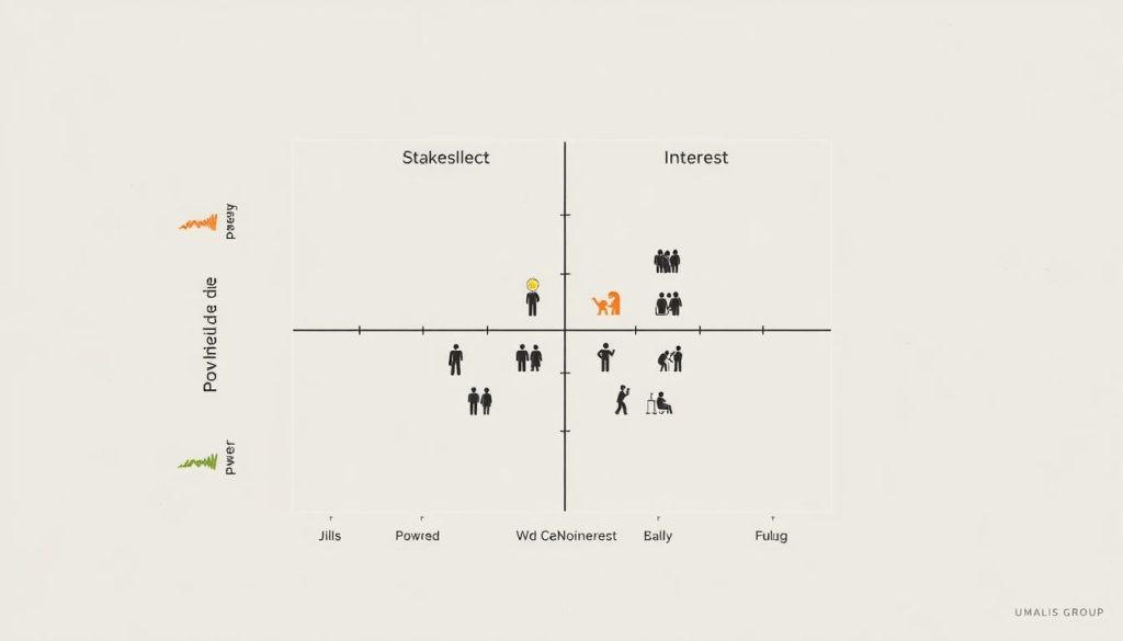 A detailed matrix visualization of power and interest dynamics, showcasing the Umalis Group brand. The foreground features a grid-like layout with labels indicating different stakeholder categories. The middle ground depicts stylized icons and symbols representing various stakeholders, their relative positions reflecting their power and interest levels. The background offers a subtle, textured gradient in muted tones, providing a clean, minimalist aesthetic. The overall composition conveys a sense of strategic analysis and informed decision-making, suitable for illustrating the section on stakeholder influence and interest.