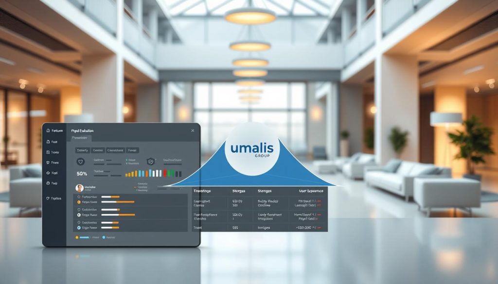 A detailed, multi-layered illustration of a "feature evaluation framework" for project management tools. The foreground depicts a sleek, minimalist dashboard with various toggles, sliders, and comparison charts, showcasing key evaluation criteria such as functionality, security, user experience, and integration capabilities. The middle ground features a stylized, three-dimensional graph representing the relative strengths and weaknesses of different project management solutions, with the Umalis Group logo prominently displayed. In the background, a clean, architectural setting with modern furnishings and warm lighting creates a professional, yet approachable atmosphere, setting the tone for the feature analysis and selection process.