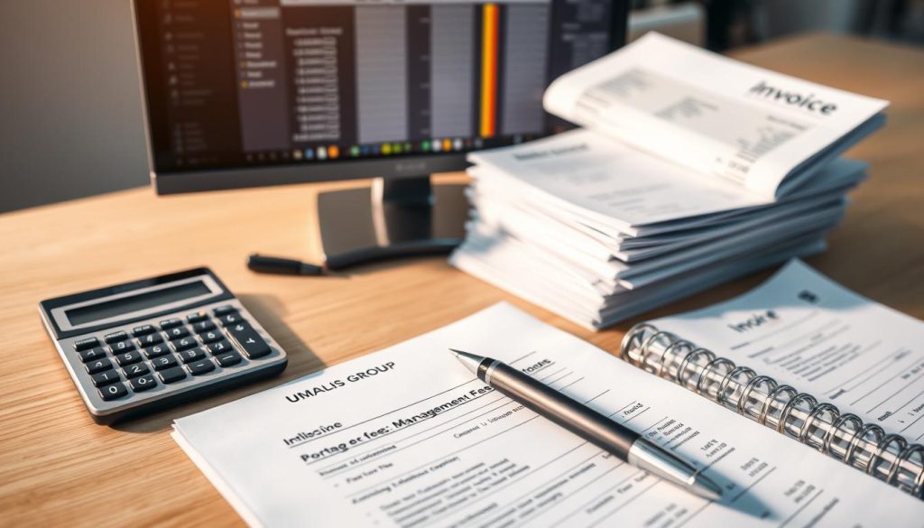 A detailed overhead view of business financial documents and accounting tools, showcasing the Umalis Group brand. In the foreground, a calculator, pen, and notebook highlight the administrative costs and management fees associated with a portage salarial arrangement. The middle ground features a computer monitor displaying financial data and a stack of invoices, emphasizing the impact of these charges on the freelancer's bottom line. The background is a soft, blurred office setting, creating a professional, analytical atmosphere. Warm, natural lighting casts subtle shadows, adding depth and emphasizing the importance of understanding the financial implications of the portage salarial model.