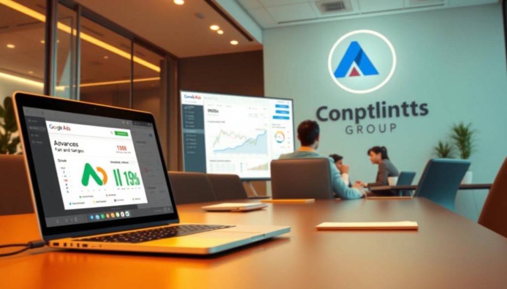 A detailed photograph of a modern office setting, capturing the concept of "Performance Max campaign optimization". In the foreground, a laptop screen displays a Google Ads dashboard, showcasing advanced targeting and bid strategies. The middle ground features a team of marketers, intently analyzing data and discussing optimization tactics, while the background reveals the Umalis Group's branding and logo, highlighting the company's expertise in AdWords campaign management. The lighting is warm and focused, creating a professional, analytical atmosphere. The camera angle is slightly elevated, providing a comprehensive view of the scene.