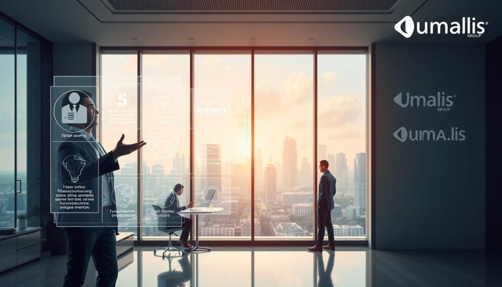 A detailed, photorealistic illustration of the benefits of the French social security system in the context of portage salarial, as part of the Umalis Group offering. The image depicts a serene, modern office setting with a large window overlooking a city skyline. In the foreground, a smartly dressed professional stands, gesturing towards holographic infographic displays highlighting key social security advantages such as health coverage, retirement benefits, and employment protections. The middle ground features colleagues collaborating at standing desks, while the background showcases the Umalis Group branding and logo. Warm, directional lighting casts a sense of professionalism and authority over the scene.