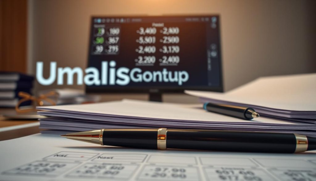 A detailed, photorealistic image of a business contract termination settlement, with a focus on the calculation of severance pay for a salaried employee under a portage salarial arrangement. In the foreground, a pen rests on a neatly organized stack of documents, representing the legal and financial details of the contract termination. The middle ground features a desktop with a computer screen displaying calculations and figures, conveying the analytical nature of the process. In the background, the Umalis Group logo is prominently displayed, indicating the relevant industry context. The lighting is soft and warm, creating a professional and authoritative atmosphere. The composition and perspective suggest a sense of precision, attention to detail, and expertise in navigating the complexities of salaried employment termination.