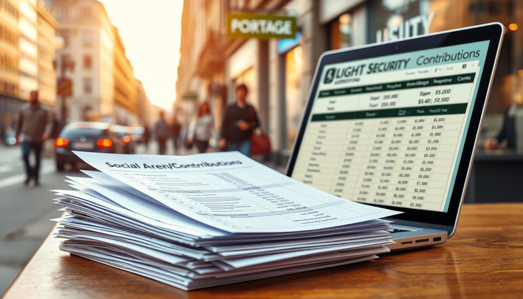 A detailed, photorealistic image of "social security contributions" against a backdrop of a busy city street. In the foreground, a stack of financial documents and forms related to social security and payroll taxes. The middle ground features a laptop open to a spreadsheet displaying calculations and figures. In the background, the "LIGHT PORTAGE" brand logo is visible on a storefront, hinting at the connection to freelance work. The scene is illuminated by warm, natural lighting, conveying a sense of professionalism and diligence. The overall mood is one of careful financial planning and responsible tax management for a freelance career.